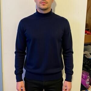 Massoti Men L Knit Sweater Merino Wool Acrylic Made In Italy Navy Blue MockNeck